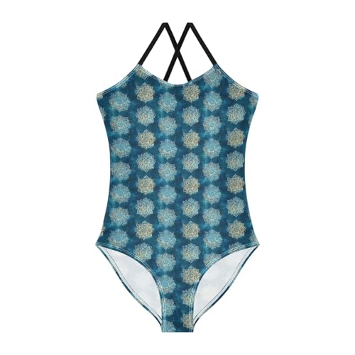 senya Girls Swimsuits One-Piece Swimwear Tie Bathing Suit Beach Summer Round Neck 7-8T Turquoise Mandala Pattern