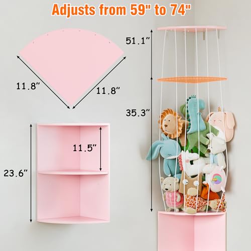 Image of 74.7 inch H Stuffed Animal Storage with 2-Tier Corner Bookshelf - Wall Mount Height Adjustable Plush Toy Organizer, Wooden Kids Bookshelf for Small Spaces Nursery Playroom Kids Room, Pink