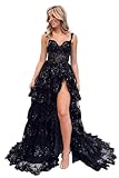 WilFiks Sparkly Sequin Black Prom Dress with Slit Tiered Lace Long Sweet 16 Dresses for Teen Girls Off Shoulder Formal Evening Party Gown L US10