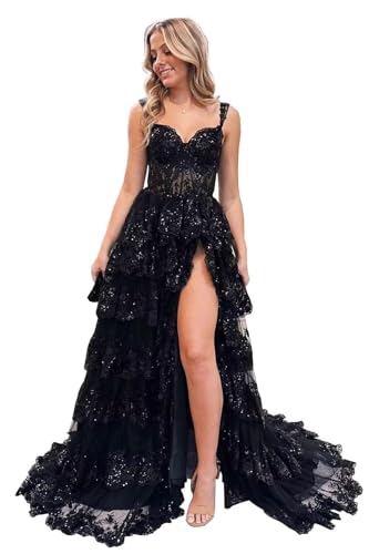 WilFiks Black Ball Gowns for Women Formal Sparkly Tiered Tulle Plus Size Prom Dresses 2026 Off...