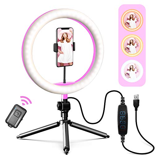 10 Selfie Ring Light with Tripod Stand & Cell Phone Holder & Remote Shutter for Live Stream/Makeup, Daugee LED Circle Lamp Dimmable Desk Makeup Ring Light for Photography, Pink Color