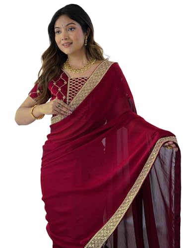 Image of SIRIL Women's Chiffon Sequence Embroidery Lace Saree with Unstitched Blouse Piece