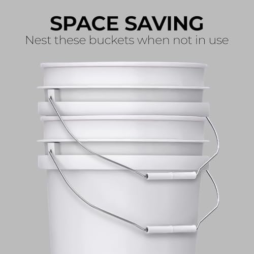 Image of 5-Gallon White Bucket Pail Container with Lid | Food Grade | Heavy-Duty Approx 90 MIL Extra Durable | Metal Handles with Plastic Grip | Multi-Use | Easy Stack and Store | BPA Free - 5 Pack