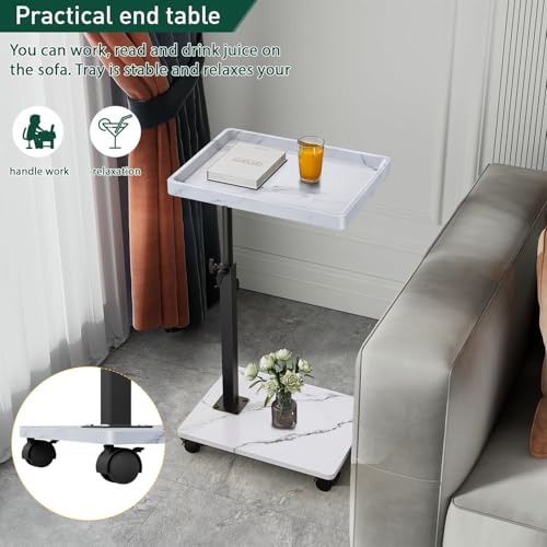 Image of XNSDXV C Shaped Side Table Adjustable Height, 360Swivel Bedside Table With Wheels, End Table for Small Spaces, Sofa Side Table For Living room, Bedroom, Bed,Couch (White Marble Color)