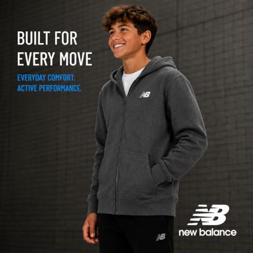 Image of New Balance Boys Zip Up Warm Fleece Hoodie Sweatshirt, Activewear 8-20 | Ribbed Cuffs & Kangaroo Pockets, Full Zip Front Closure, Durable Layer for School, Sports & Weekend Outings