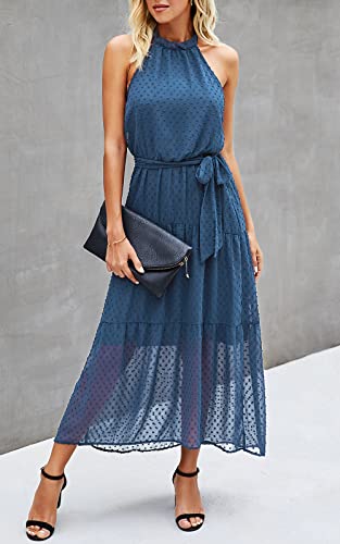 Image of PRETTYGARDEN Women's Halter Neck Floral Long Maxi Dress Casual Sleeveless Backless Dresses Loose Ruffle Sundress with Belt