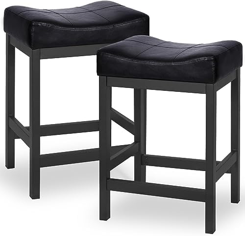 KATDANS Bar Stools Set of 2, Counter Height Stools 24 Inch Saddle Stools, PU Leather Modern Kitchen Barstools with Metal Base, KS861P-Black, 2Pcs