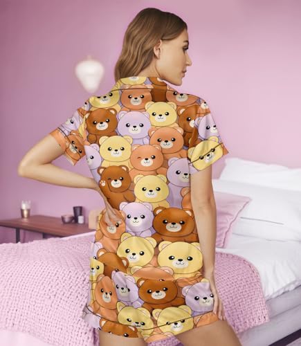 Image of HUNTFAMI Womens Soft Silky Satin Pajamas Set, 2 Pcs Sleep Short Pajamas for Mom and Grandma Button Down Summer Loungewear