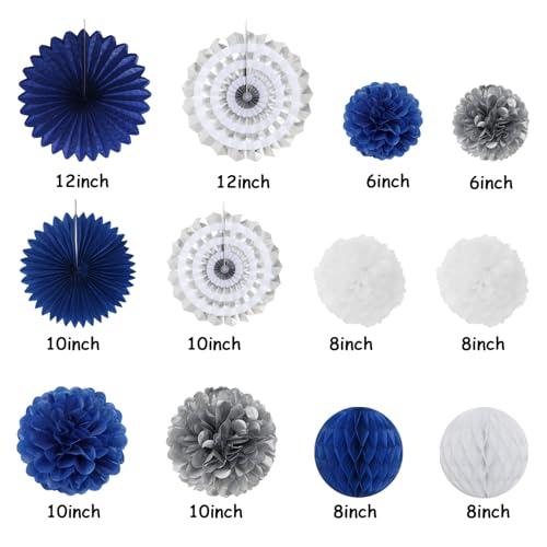 Image of Navy-Blue White-Silver Party-Decoration Graduation Banner - 14pcs Kits Cap Garland Streamers, Royal Paper Tissue Pom Poms Flowers Fans Honeycomb,Class Of 2026 College High School Grad Decor Hugfond