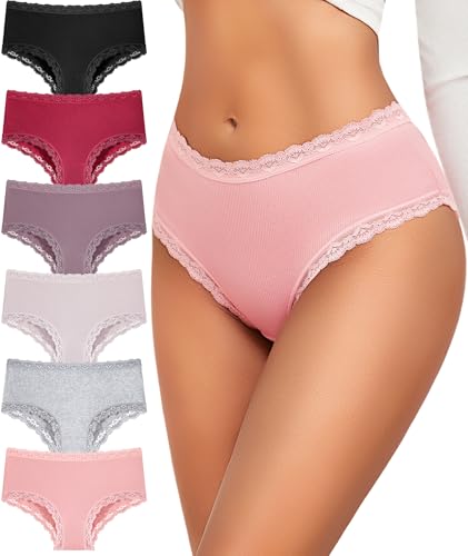 FINETOO 6 Pack Cotton Underwear for Women Cute Bikini Panties Sexy Lace Waist Briefs Soft Breathable Womens Cheeky S-XXL