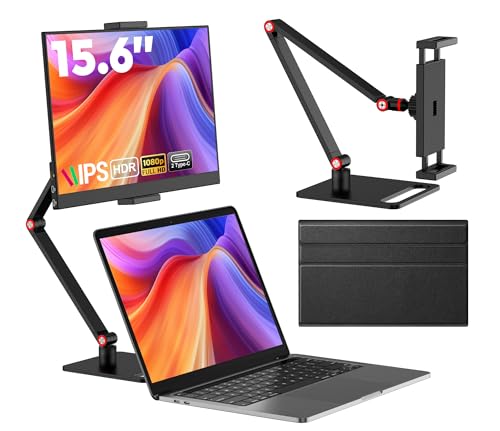 OUNSHLI 15.6” Portable Monitor with Adjustable Stand, 1080P FHD IPS Screen Extender, USB-C/HDMI Port, Ultra Slim Travel Monitor with Eye Protection, Plug and Play for Laptop/PC/Mac/Android/Switch/PS5