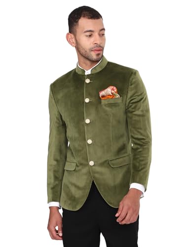Image of MANQ Men Slim Fit Bandhgala Velvet Blazer - Mandarin Collar, Button Closure, Long Sleeves, Solid Ethnic Winter Wear with Three Pockets for Adults