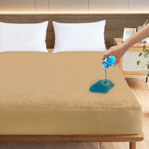 Image of Ayka 100% Waterproof Cotton Terry Mattress Protector Double Size Breathable Hypoallergenic Noiseless Ultra Soft Fitted Bed Protector 72x48 inch Mattress Cover /Bed Cover (Beige, Double (72 * 48 inch))