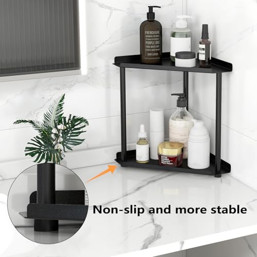Image of FLE Corner Bathroom Counter Organizer, Bathroom Organizer Countertop Black | 2 Tier Corner Shelf, Tabletop Mount,Waterproof solid shelf fits bathroom toiletries and kitchen condiment storage.
