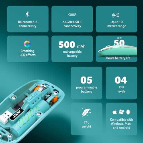 Image of Acer Clearview Wireless Mouse, Dual Mode Bluetooth 5.2 & 2.4GHz, Rechargeable 500mAh Battery, RGB Lighting, 3200 DPI Adjustable, Silent Portable Mouse for Laptop, PC, Mac & Tablet, Green