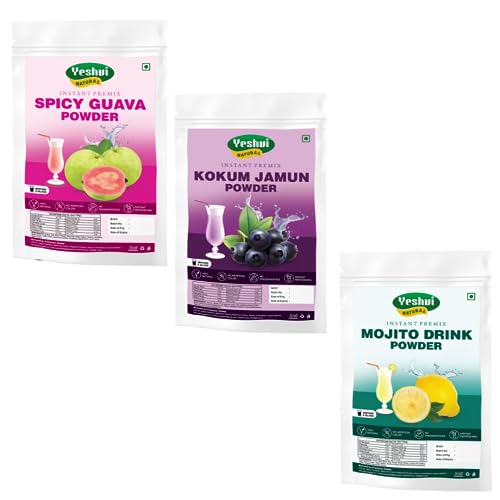 Yeshvi NATURAL Spicy Guava Powder & Kokum Jamun Fruit Juice Powder With Mojito Drink Powder Combo Pack, Instant Drink Mix Powder, Immunity Booster, Easy to Make Beverage, 300gm