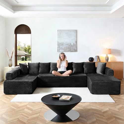 Image of Oversized Cloud Boneless Couch with Chaise, 145 inch Modern U Shape Modular Deep Seat Sectional Sofa, Comfy Corduroy Upholstered Couches for Living Room, No Assembly Required, Black