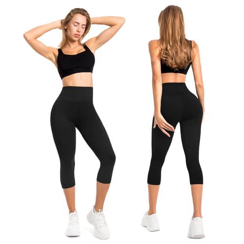 Leafigure Capri Leggings Damen mit Taschen 3/4 Leggins High Waist Fitness Shorts Blickdichte Sportshorts Schwarz LXL