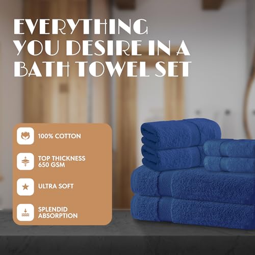 Image of Navy Bath Towel Set of 6-100% Cotton Highly Absorbent Towels for Bathroom, 2 Luxury Bath Towels 650GSM, 2 Hand Towels, 2 Washcloths