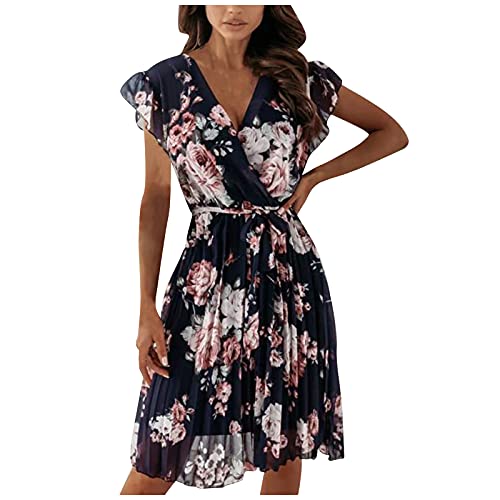 Kleid Damen Sommer, mit Blumen Festlich Curvy Strandkleid Blusenkleid Sexy Midi Schick A Linie Freizeitkleid Boho Kleid Elegant Kurzarm Leicht Luftig...