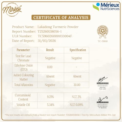 Image of Miresi Lakadong Turmeric Powder - Certified 7% Curcumin, Retains Over 5% Essential Oils, Lead Chromate & ETO Free, Sustainably Sourced from Meghalaya Women Farmers, 450g
