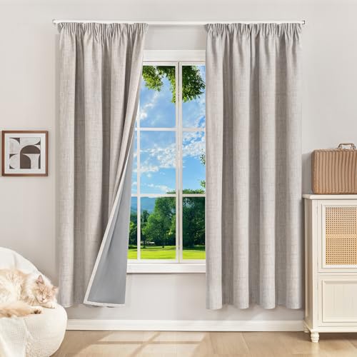 Runyéla 100% Verdunklungsvorhänge Thermovorhänge Kälteschutz Gardinen mit Kräuselband 175 x 140 cm (HxB) 2er Set Leinenoptik Vorhänge Blickdicht Grauweiß, Schiebegardinen Wohnzimmer Curtain