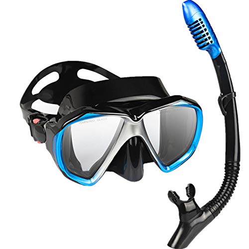 Image of Adult Snorkel Set, Professional Snorkeling Gear Panoramic Anti-Fog Diving Goggles and Dry Snorkel Tempered Glass Scuba Mask for Diving, Snorkeling and Swimming (Blue-Silver Set)