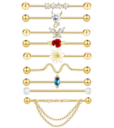 Suotarn 9pcs Gold Industrial Piercing Jewelry 38mm Stainless Steel 14G Industrial Barbell Earrings Ear Cartilage Helix-Conch Piercing Bar 1 1/2 Inch (golden) - Main Image