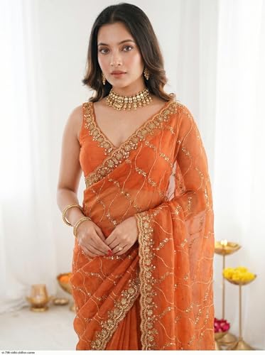 Image of ORHANS Women's Chiffon Saree with Unstitched Blouse Piece Heavy Embroidery Work | Beautiful Saree for Women | Traditional Indian Sari Stylish | Fashionable Saree Modern Design