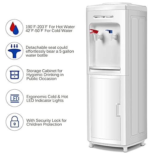 Kotek Water Coolers Water Dispenser, Hot & Cold Top Loading Water Cooler Dispenser Holds 3 Or 5 Gallon Bottles W/ Child Safety Lock, Removable Drip Tray & Storage Cabinet For Home Office School, White #TOP2