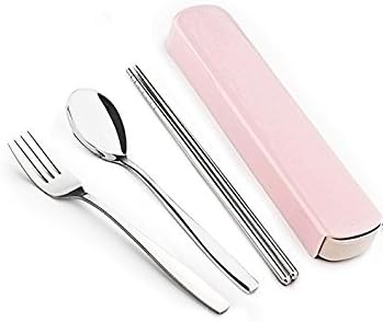 Tourwin 3PCS Portable Flatware Spoon Fork Chopsticks Tableware Set 304 Stainless Steel Dinnerware Silver with Travel Box (Pink)