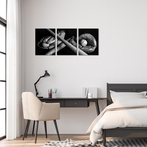 Klvos Baseball Sports Wall Art 3 Pieces Vintage Baseball Glove Picture Canvas Print Black White Painting Artwork For Boys Bedroom Living Room Gym Wall Decor Framed Ready To Hang thumb #2