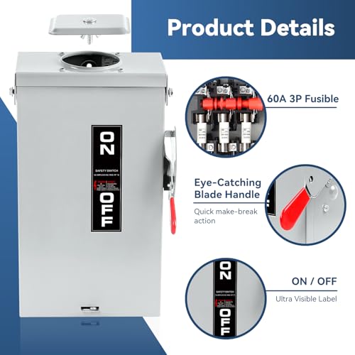 3P 60 Amp Fused Disconnect, 3 Phase Disconnect, 110/240V, Heavy Duty Metal Structure, NEMA 3R Enclosure for Outdoor, Reserved Knout-Outs, Increased Wire Bending Space, 10-Year Warranty by MUJURUR - Image 4