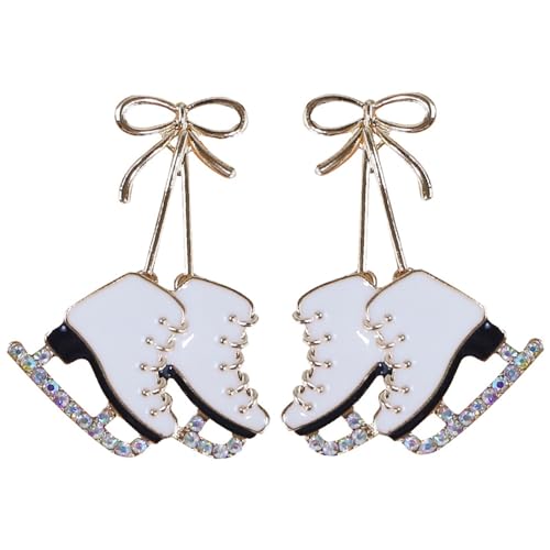 Dainty Skating Shoes Bow Knot Dangle Drop Stud Earrings Crystal Cubic Zirconia Ice Skate Dangling Statement Earring Fashion Christmas Jewelry Gifts for Skater