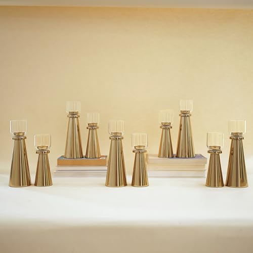 Image of Behoma Handcrafted Gold Tea Light Candle Holders Pack of 5 Sets | Premium Metal & Glass Candle Stand Set | Decorative Table Centerpiece for Home Decor, Diwali, Wedding & Housewarming
