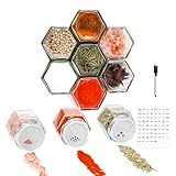 OPTWISELY Set of 10 Magnetic Spice Jars for Refrigerator, Glass Small Hexagon Magnet Seasoning Containers with Labels, Shaker Lids, Fridge Magnetic Spice Rack Organizer with Jars