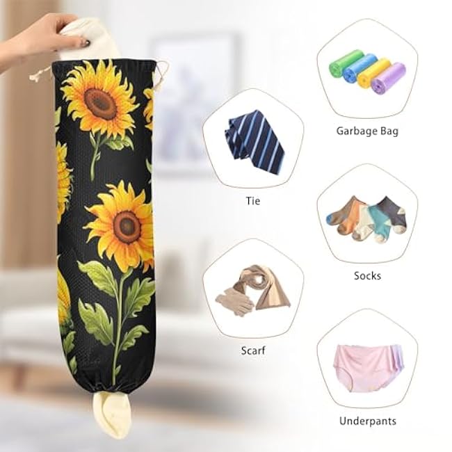 RunningBear Flowers Black Sunflowers Plastic Bag Holder Large Grocery Bag Holder Wall Mount Plastic Bag Holders Plastic Bag Organizer Dispenser for Kitchen Closet,1 Pack