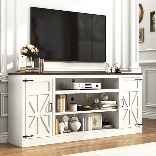 Hlivelood 75" Farmhouse TV Stand with Power Outlets for 85 Inch TVs, 33" Tall Entertainment Center with Storage Cabinets w/Adjustable Shelves, Rustic Large TV Media Console, Rustic White