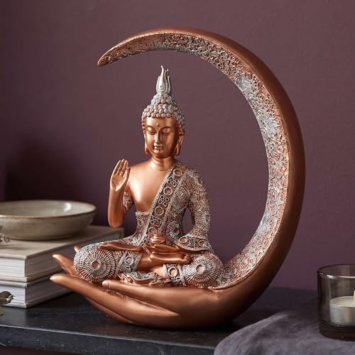 Image of Antique Big Meditating Moon Buddha Statue Showpiece for Home Decor - Living Room - House Warming - Office - Gifting - Buddha Idol Polyresin Decorative Figurine (9 Inch / 23 cm, Gold, Silver)
