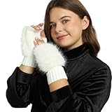 Flammi Women Wool Knit Fingerless Gloves Furry Mittens Wrist Warmers, White