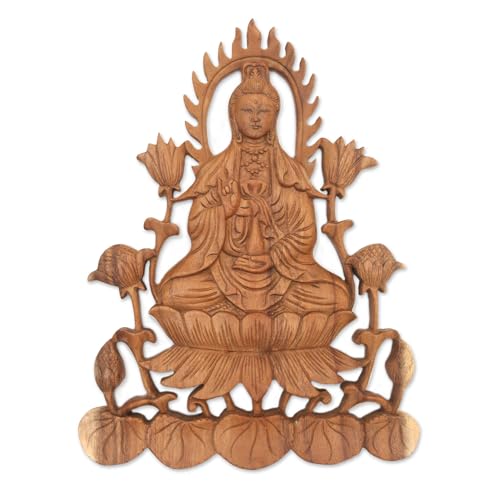 NOVICA Artisan Handcarved Wood Relief Panel Buddhist Suar from Bali Brown Indonesia Wall Decor Panels Floral Buddhism Spiritual Balinese Traditional Carvings [13.5in H x 10.25in W x 0.9in D] ' Kwan