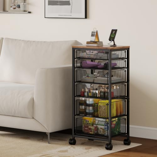 Image of Rolling Storage Cart with 6 Drawers, Craft Cart with Lockable Wheels | Storage Drawer Organizer, Utility Cart for Classroom, Closet, Pantry, Bathroom, Kitchen, Art, Dorm, Office