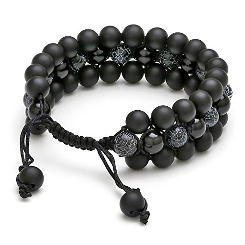 Top Plaza Mens Lava Rock Stone Essential Oil Diffuser Bracelet Chakra Yoga Healing Crystal Bracelet Natural Gemstone Beads Anxiety Bracelets Braided - Matte Black Agate + Dragon Stone - Image 4
