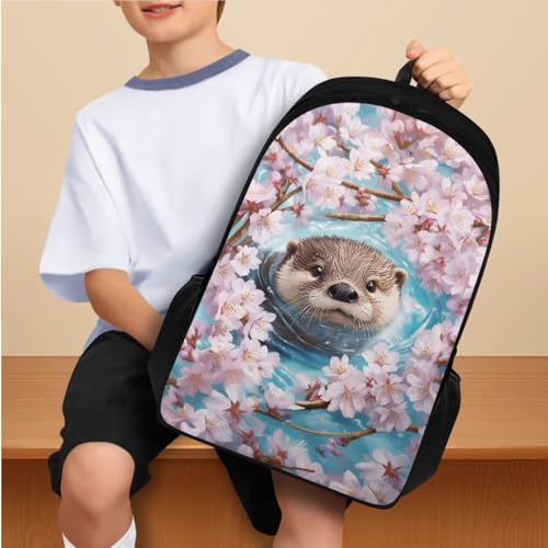 Cherry Blossom Otter Backpack with Lunch Box for Boys 8-12 Book Bag Lunch Bag Girls Bookbag Set Age 10-12 Kids School Bag with Lunchbox Water Bottle Sleeve Pencil Case 4 In 13