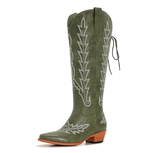 Image of Uillnoodu Wide Calf Cowboy Boots Women Knee High Tall Western Cowgirl Boots Adjustable Lace Up Plus Size Comfortable 2-Inch Heel
