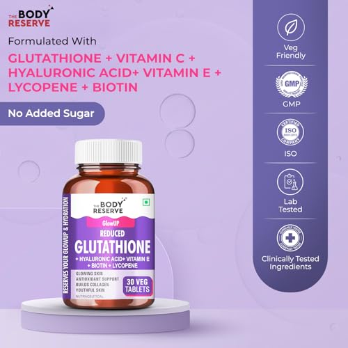 Image of The Body Reserve Japanese L-Glutathione Tablets for Skin Whitening | 500mg Glutathione Supplements with Hyaluronic Acid, Vitamin E, Lycopene & Biotin | Skin Glow & Collagen Support | Sugar-Free, 30 Tablets