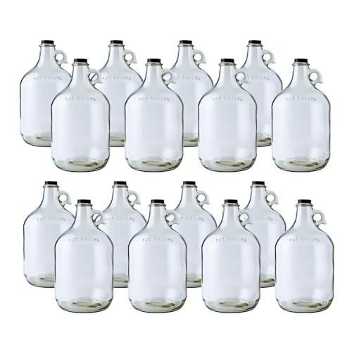 FastRack 1 Gallon Glass Jug with 38mm Black Metal Screw Cap | Set of 16 | Glass Gallon Jugs for Wine Making Supplies, Fermenting and Brewing Needs