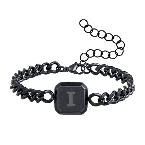 Image of Bellino Initial Bracelet Cuban Link Chain Mens Bracelets Jewelry Gifts | Initial Cuban Link Bracelet for Mens Bracelet Adjustable Size Stainless Steel Men Jewelry Birthday for him Dad Brother Son