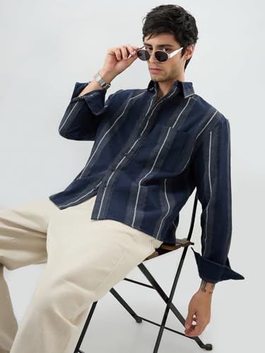 VASTRADO Navy Contrast Panel Boxy Fit Crop Shirt - Image 6