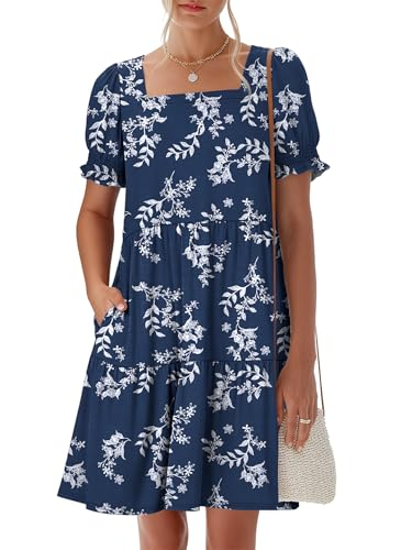 Image of ANRABESS Women Summer Square Neck Puff Short Sleeve Mini Dress 2026 Casual Flowy Sundress Beach Vacation Clothes with Pockets
